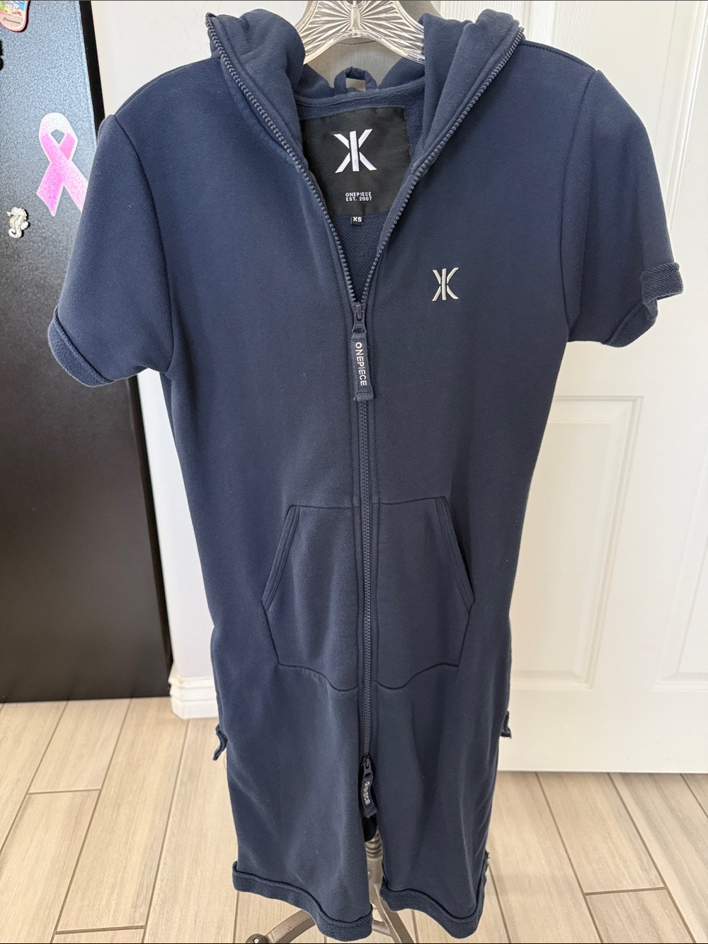 Onepiece Navy Short Sleeve Zip-Up Romper with Hood
